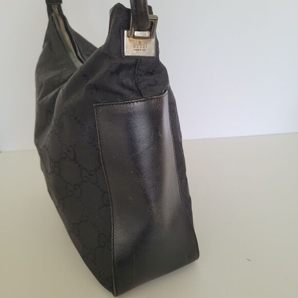 GUCCI GG Monogram Black Shoulder Bag Handbag Nylon Leather Trim Medium Zip Logo - Picture 3 of 13